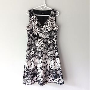 Spense Cotton Sleeveless V-Neck A-Line Dress Floral Black White Size 8